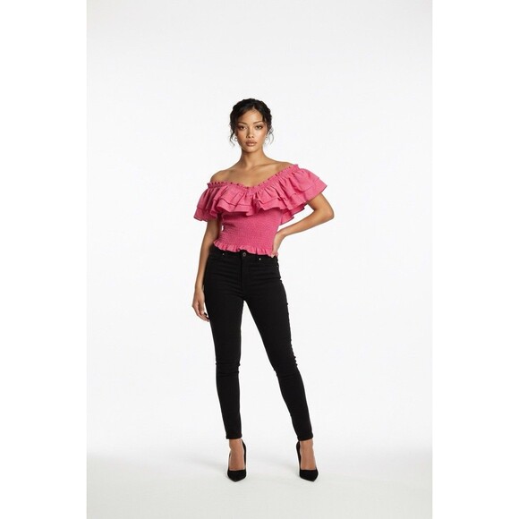 Lush Tops - Lush Cropped  Top Women’s Large  Pink Stretch Smocked